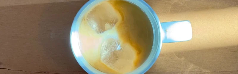 氷が浮かぶ涼しげなUCHIDA COFFEEのアイスカフェラテのグラス