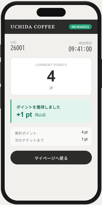 UCHIDA COFFEE REWARDS ポイント獲得画面